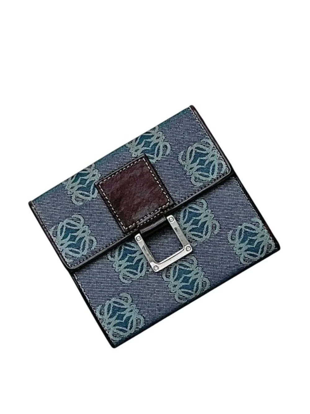 Loewe Bifold Wallet Blue Brown Anagram Canvas Leather Logo All Over Pattern Hook
